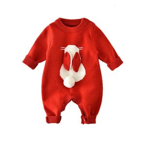 Combinaison en tricot de lapin mignon pour enfants, barboteuse d'automne et d'hiver pour bébé, vêtements de noël rouges, tenue pour petites filles, 240119