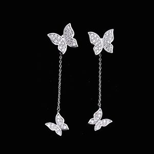 Schattige vlinder bengle -stud oorbellen voor vrouwen zirconia kristal prong setting voor- en achterste oorbellen Lange tassel 925 zilveren bruiloft sieraden cadeau