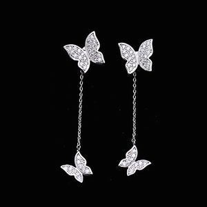 Lindos pendientes colgantes de mariposa para mujer Zirconia Crystal Prong Setting Pendientes de poste delantero y trasero Borla larga Regalo de joyería de boda de plata 925