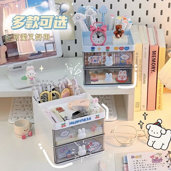 Armoire de rangement de papeterie de papinerie mignonne de bonbons avec deux tiroirs kawaii de grande capacité imperméable de bureau étudiant pour fille