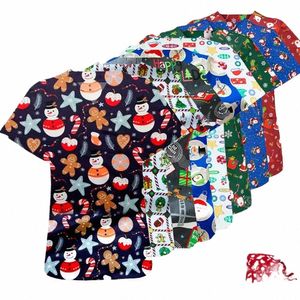 Lindo Carto estampado de animales Navidad enfermería Scrub Tops camisas 100% algodón odontología médico monos uniformes quirúrgicos médicos m209 #