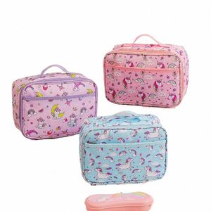 Lindo Carto Bolsa de almuerzo con aislamiento portátil Niños Pink Rainbow Unicorn School Bento Bag Box Food Small Cooler Bag Bolsa c8s2 #