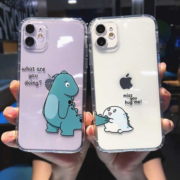 Mignon Dessin Animé Animal Dinosaure Couple Téléphone Cas Pour iPhone 14 Pro Max 13 12 11 X XS XR 7 8 Plus Transparent Doux Antichoc Couverture L230619