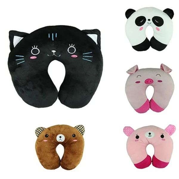 Almohada con forma de U de animales de dibujos animados, almohada para descanso del cuello, soporte para la cabeza, Panda, gato, oso, conejo y cerdo