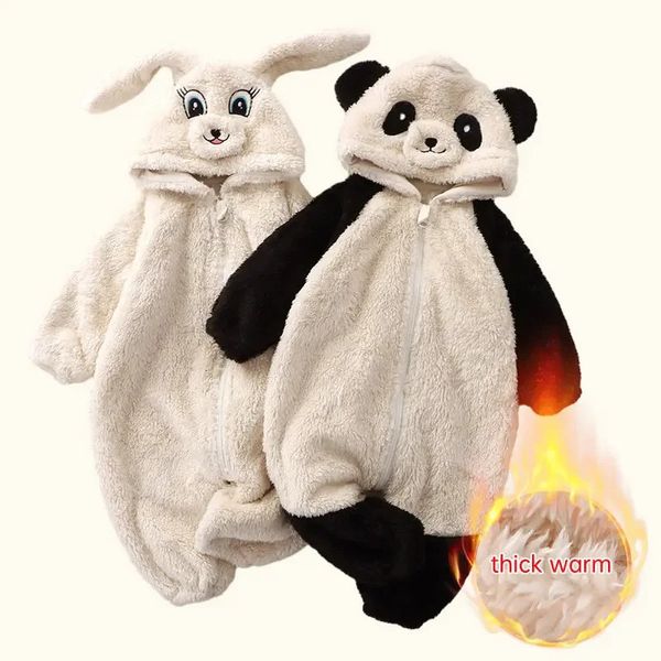 Mignon dessin animé né bébé combinaisons épais chaud hiver bébé barboteuses doux polaire Panda à capuche body pour bébé en bas âge 231225