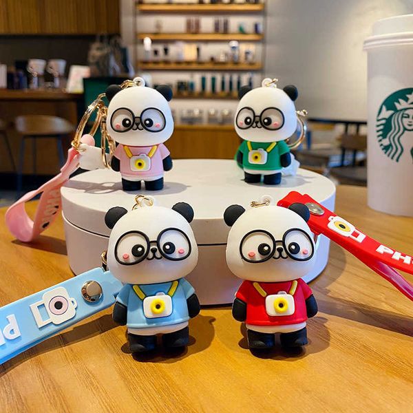 Mignon dessin animé caméra Panda porte-clés Silicone lunettes Panda poupée porte-clés femmes Couple sac pendentif à breloque porte-clés cadeaux G1019