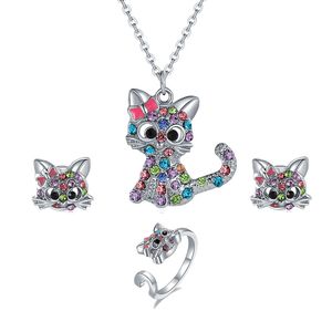 Conjunto de anillos y pendientes con collar de gato de dibujos animados, conjunto de joyería de animales para niños, gatito de Color puntual