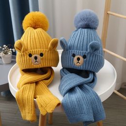 Mignon dessin animé enfants chapeau écharpe ensemble hiver tricoté laine enfants chaud ours pull chapeau écharpe 3-10Y df319