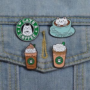 Leuke Cartoon Cup Fles Kat Emaille Pins Grappige Kitten Broches Decoratieve Revers Shirt Badge I Love Cats Pins Sieraden gift