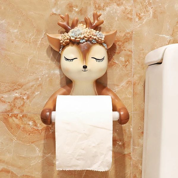 Mignon dessin animé cerf porte-papier toilette créatif animal mural suspendu rouleau papier étagère salle de bain boîte à mouchoirs support de rangement 240328