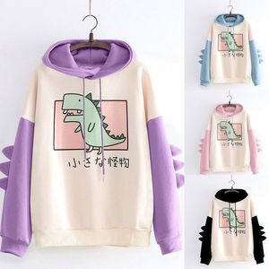 Mignon dessin animé mode femmes sweat décontracté impression à manches longues épissure dinosaure sweats à capuche sweat hauts ropa mujer