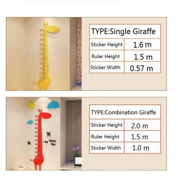 Pegatinas acrílicas 3D con diseño de jirafa de dibujos animados para habitación de niños, gráfico de altura de crecimiento del bebé, pegatina de pared, decoración de habitación de bebé 25308113049