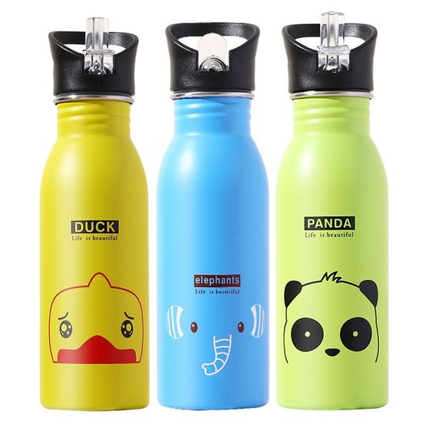 Dessin animé mignon enfants bouteilles d'eau en acier inoxydable bouteille extérieure voyage camping bouilloire randonnée bouteille de boisson avec paille 500 ml 201221