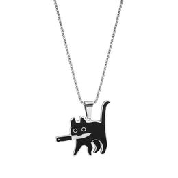 Leuke cartoon mes kat hanger ketting roestvrij staal zwart kitten kettingen sieraden cadeau
