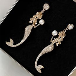 Pendientes con forma de gota de perla y cola de pez de cristal de sirena de dibujos animados bonitos para mujer con colgante largo 211231278x