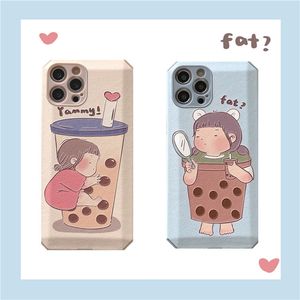 Étui de téléphone portable mignon de dessin animé lait thé fille 12mini/11promax adapté à IP 8plus/se2 coque en relief Huawei P40 housse de protection