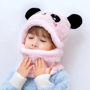 Schattige cartoon panda babymutsje met sjaal winter fluweel pluche dikke warme beanie cap kinderen volledige deksel oorklap kap