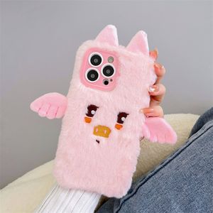 Leuke cartoon roze varkenskonijnbont pluche telefoonhoesje voor iPhone 14 Pro Max