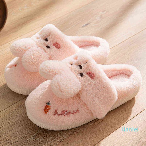 Mignon dessin animé lapin hiver fourrure pantoufles femmes doux chaud chambre dames antidérapant maison coton chaussures Couples peluche moelleux pantoufle Y1206