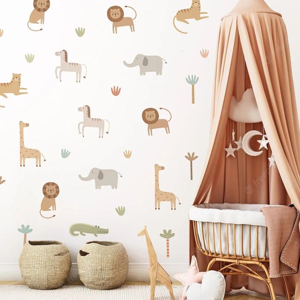 Mignon dessin animé Safari animaux Lion girafe éléphant pépinière Stickers muraux pour enfants chambres salon décor Stickers papier peint 240112