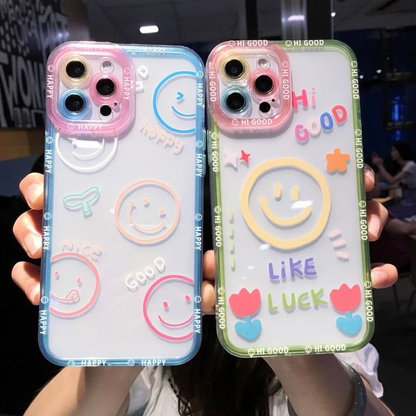 Fundas transparentes para teléfono con dibujos de flores y sonrisa, funda transparente a prueba de golpes para iPhone 14 Pro Max 13 12 11 X XS XR 7 8 Plus