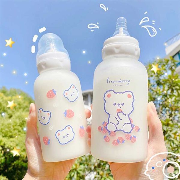 Lindo dibujos animados fresa oso vidrio chupete botella de agua taza de paja para niños adultos leche botella helada biberones de alimentación 211020