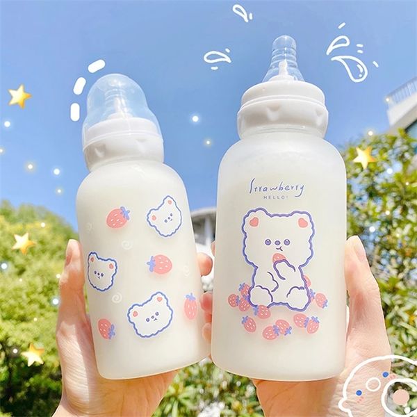 Mignon dessin animé fraise ours verre sucette bouteille d'eau tasse de paille pour enfants adultes lait givré bébé alimentation s 220509