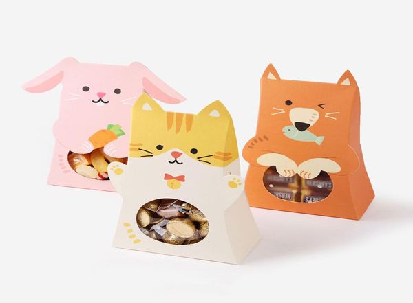 Lindo gato animal caja de dulces de papel niños decoración de fiesta de cumpleaños baby shower papel regalo bolsa de chocolate con ventana fiesta favor3720744