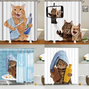 Mignon Chat Animal Imperméable Polyester Rideau De Douche avec Crochets Pour Baignoire Salle De Bains Écrans Décor À La Maison Grande Taille Mur Tissu 220429