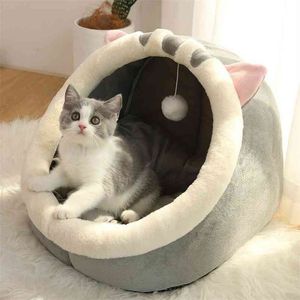 Cute Cat Bed With Warm Soft Mat Lovely Cat House Cute Pet House For Cats Or Small Dogs Half Hooded Anti-Slip Machine Washable 210722