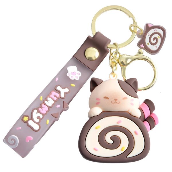 Linda cadena de llaves de rollo de pastel de gato kawaii kitty keyring muñeca muñeca muñeca accesorios de colgante 240511
