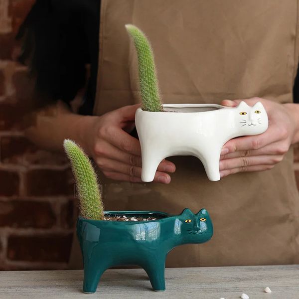 Chat mignon en céramique jardin pot de fleur image animale plantes de cactus planteur plante succulente conteneur ornements de table décoration 240311