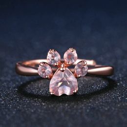 Lindo anillo de apertura de la garra de gato Mujeres Rose Rose Crystal Footprint chapada en el anillo de amor romántico Joyería del anillo de amor de boda