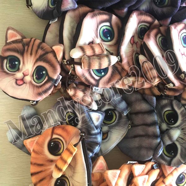 Lindo Gato Monederos Niños 3D Impresión Digital Gatos Cara Monederos Moda Dibujos Animados Cremallera Bolsa Cola Cremallera Cartera Para Niñas