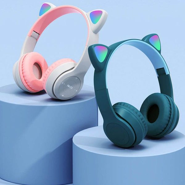 Bonitos auriculares compatibles con bluetooth con orejas de gato y auriculares inalámbricos led para niños y niñas, auriculares deportivos plegables estéreo con micrófono