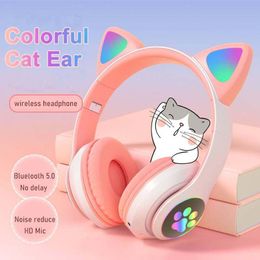 Süße Katzenohren-Kopfhörer, kabelloses Bluetooth-Gaming-Headset mit blinkender LED, hellrosa, Stereo-Musik-Ohrhörer