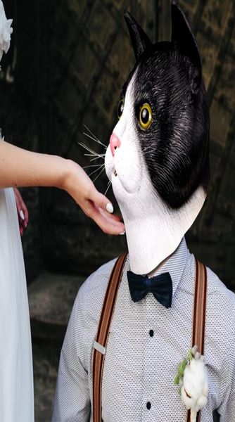 Masque de chat mignon, Costume d'halloween, nouveauté, tête d'animal, masque facial en Latex de caoutchouc, noir et blanc pour fête COS9217281