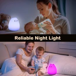 Mignon Cat Night Light 7 couleurs Silicone Nursery Cat Lampe For Kids Tap Control Control Energy Saving LED Lamp Cadeaux mignons pour filles garçons