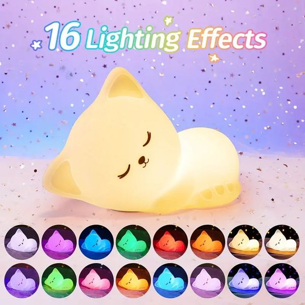 Linda luz nocturna para gatos con control remoto y táctil, lámpara de luz nocturna linda de silicona de 16 colores, luz nocturna con temporizador de 5 brillos, lámpara nocturna inalámbrica recargable por USB