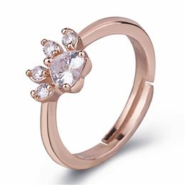 Lindo anillo de cristal de pata de gato elegante y lindo anillo de diseño de dibujos animados para damas anillos de joyería de boda de circonio rosa
