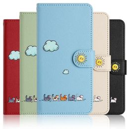 Leuke Kat PU Lederen Portemonnee Cases Voor Iphone 15 Plus 14 13 Pro MAX 12 11 XR XS X 8 7 6 Mode Clound Zon Glimlach Flip Cover Cartoon Mooie Dieren Credit ID-kaartsleuf Houder Pouch