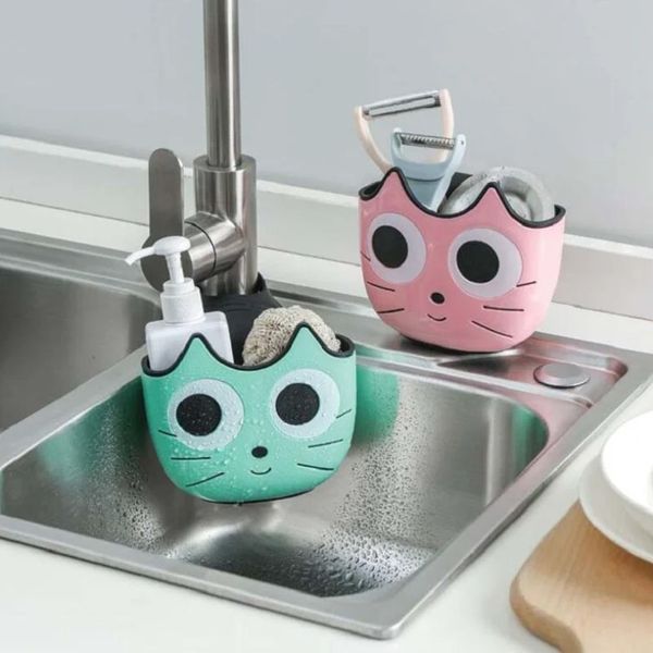 Linda forma de gato estante de fregadero de jabón de jabón de jabón soporte para baño soporte para el baño de la cocina taza de succión organizador de la cocina kitch del fregadero