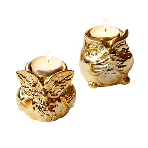 Bonito candelero de cerámica con diseño de búho, candelero dorado para regalo de Navidad, soporte para candelita, figurita dorada para decoración del hogar para fiestas de bodas