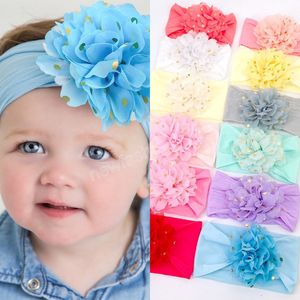 Leuke chiffon bloem baby meisjes hoofdband bloemen met gouden dot handgemaakte zachte nylon pasgeboren peuter kinderen haar accessoires hoofddeksels