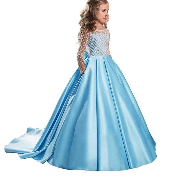 Mignon Noël Fantaisie Fleur Fille Robe Etage Longueur Bouton Drapé Rose Manches Longues Tulle Robes De Bal pour Enfants Occasion Formelle291V