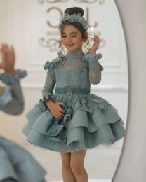 Linda niña de la comunión Princesa High Neck with Illusion Sleace Corest Corest Fluffy Falda Ball Gown Formal Bride Junior BC16703 0408