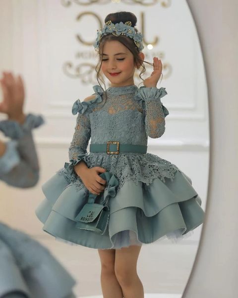 Mignon Communion fille princesse col haut avec manches d'illusion dentelle Corest jupe moelleuse robe de bal fête formelle mariée junior BC16703