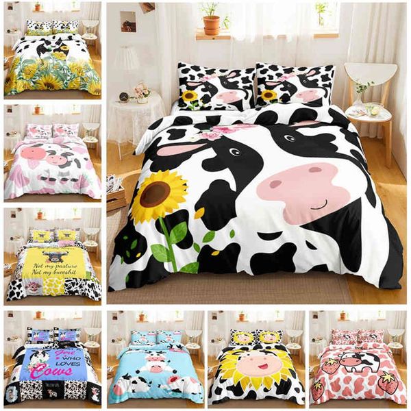 Funda nórdica con estampado de vaca, tamaño Queen, juego de cama Kawaii Highland, edredón tamaño King, animales de granja de dibujos animados, 200x