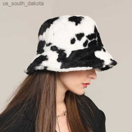 Mignon vache imprimer épaissir chaud femmes seau chapeau doux moelleux en peluche Panama casquettes en plein air coupe-vent dame fille Furly pêcheur chapeau L230523