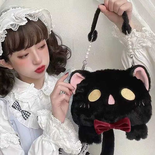 Bolsos cruzados lindos Bolso de mano de gato de dibujos animados Negro Blanco Llevando a mano Kawaii Plush Jk Girls Bolso de hombro Lolita 220923